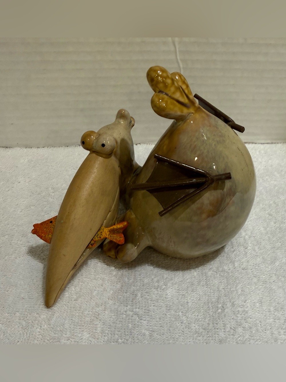 Pelican With Fish In Mouth Figurine Ceramic & Metal - Beach Whimsical